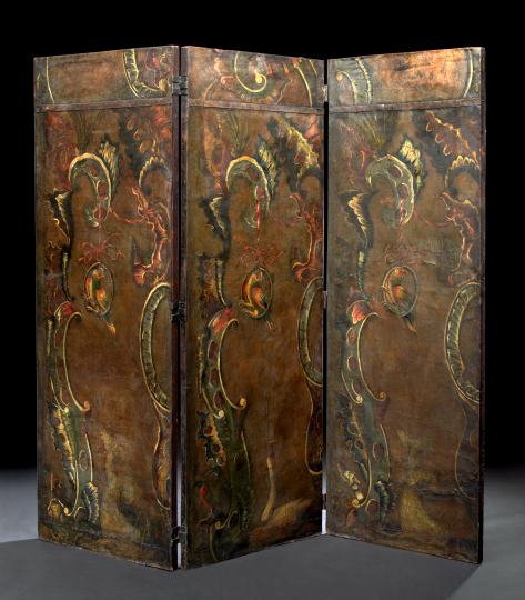 Appraisal: Regence-Style Polychromed Leather and Oak Three-Panel Folding Screen first quarter