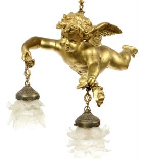 Appraisal: FRENCH BRONZE TWO-LIGHT CUPID CHANDELIER H W With two suspended