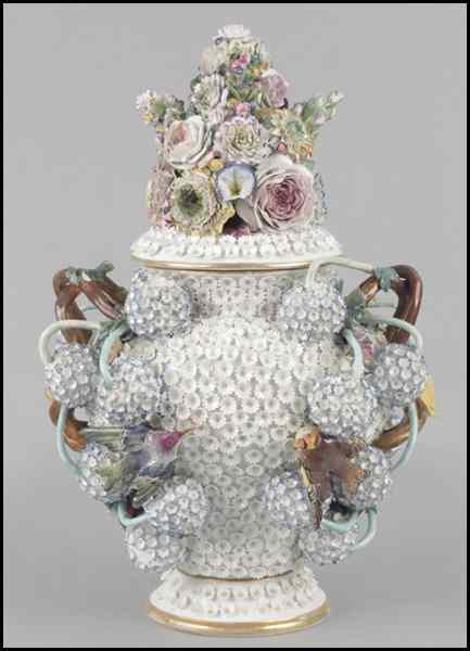 Appraisal: MEISSEN SCHNEEBALLEN PORCELAIN URN Entirely decorated with birds flowers and