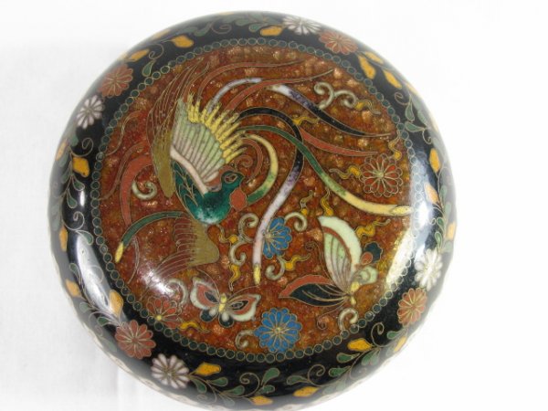 Appraisal: Round cloisonne covered trinket box with butterflies and phoenix Measures