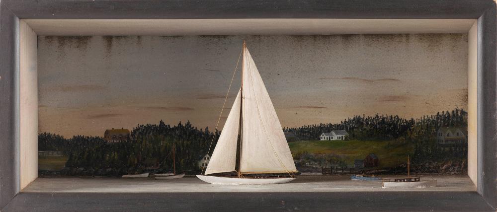 Appraisal: DIORAMA DEPICTING TWO SAILBOATS AND THREE MOTORBOATS CIRCA SHADOW BOX