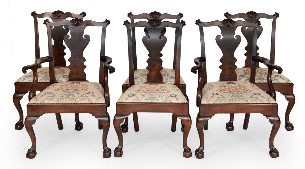 Appraisal: SET OF SIX CHIPPENDALE PLUME-BACK DINING CHAIRS EARLY TH CENTURY