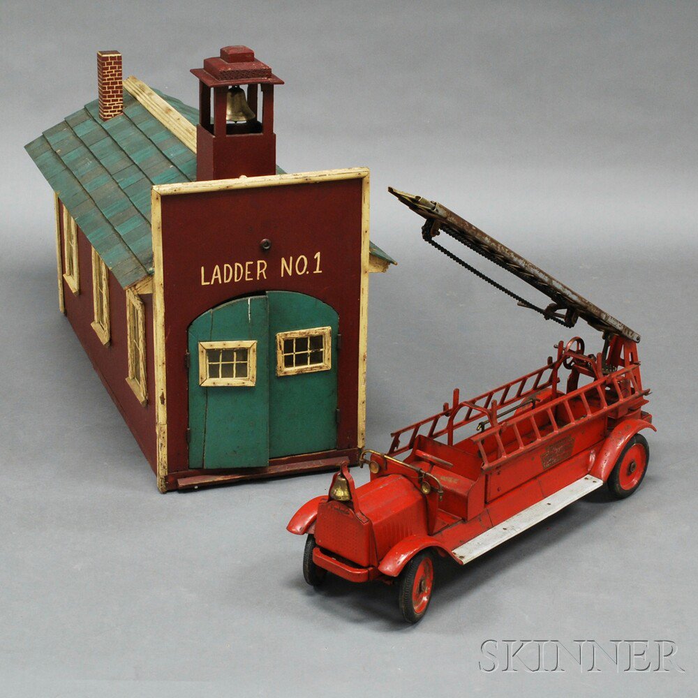 Appraisal: Keystone Packard Aerial Ladder Fire Engine and Firehouse the engine