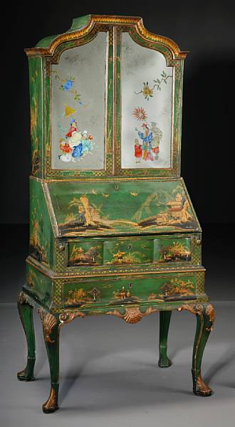 Appraisal: A Queen Anne style green lacquered and polychrome decorated secretary