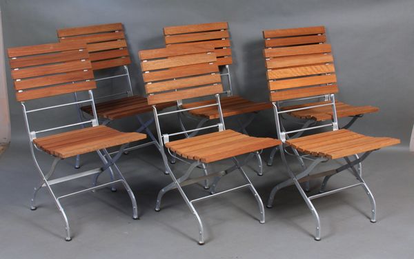 Appraisal: Set of six teakwood and iron garden chairs h x