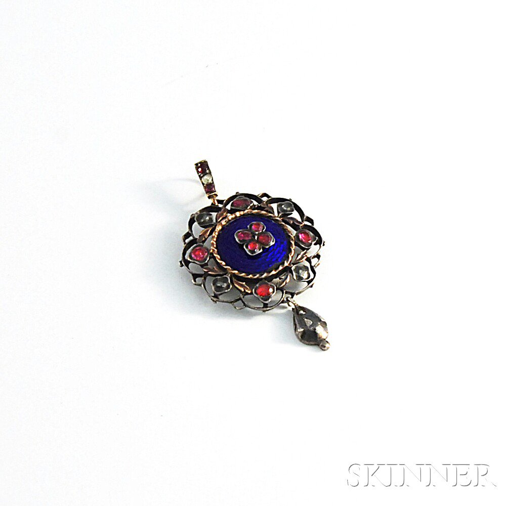 Appraisal: Antique Silver Enamel and Diamond Pendant with cushion-cut rubies and