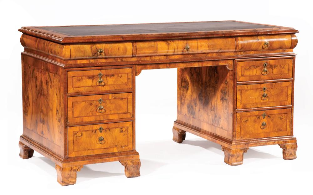 Appraisal: William IV-Style Burled and Figured Walnut Pedestal Desk th c