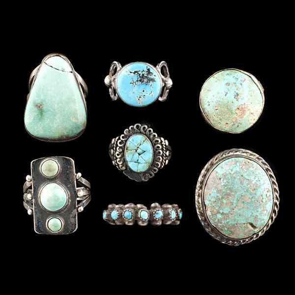 Appraisal: Navajo Silver and Turquoise Rings Collected by Virginia Doneghy -