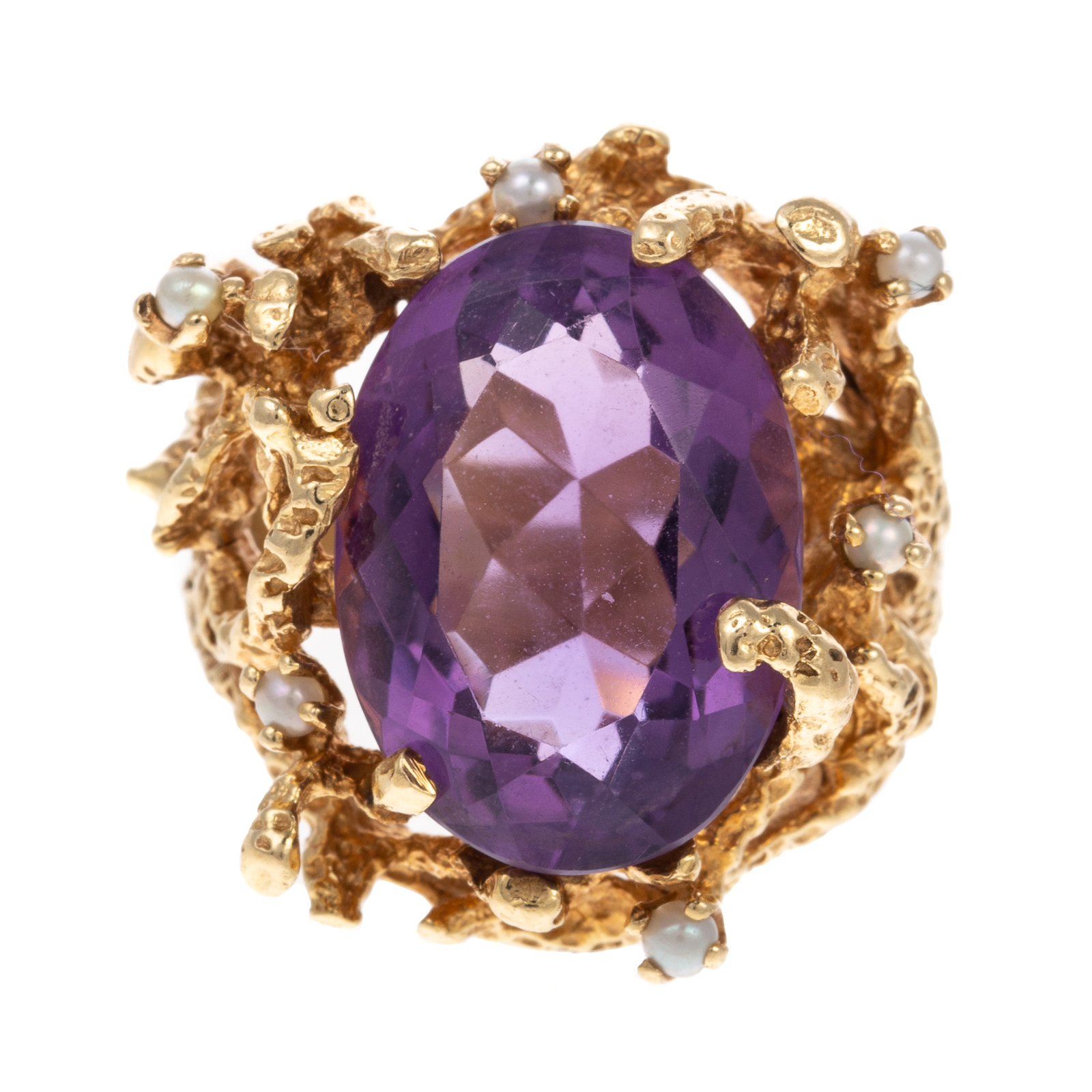 Appraisal: A LARGE K BRUTALIST SEED PEARL AMETHYST RING K yellow