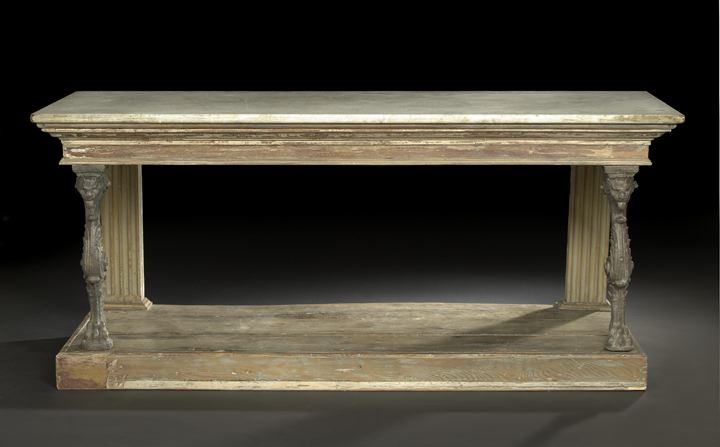 Appraisal: Italian Neoclassical-Style Painted Cast-Iron and Marble-Top Console Table the rectilinear