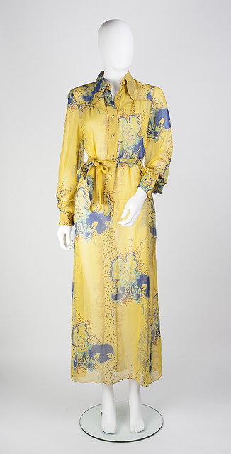 Appraisal: A Vicedomini yellow silk sheer shirt dress with abstract patterns