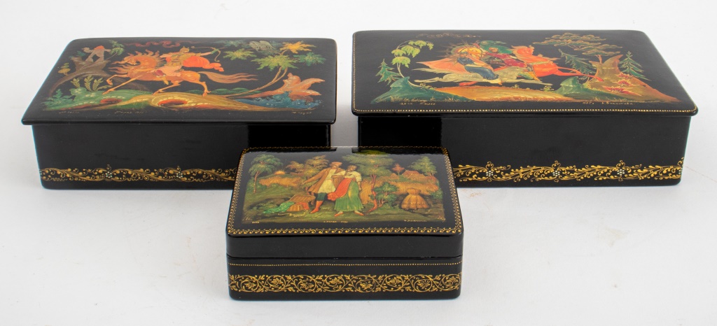 Appraisal: RUSSIAN LACQUER RECTANGULAR BOXES PALEKH Three late soviet period Russian