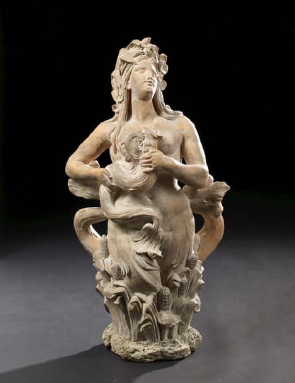 Appraisal: Large French Patinated Terra Cotta Fountainhead of a Female Nereid