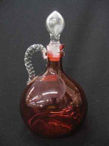 Appraisal: Cranberry Art Glass Sherry Decanter clear rope handle circa ''