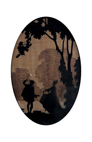 Appraisal: Rowley GalleryOval marquetry paneldepicting two figures dancing in the manner