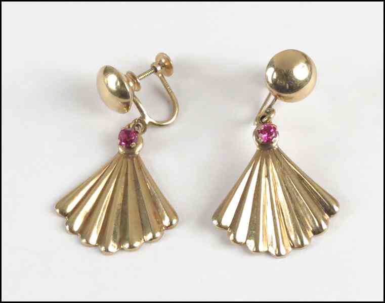 Appraisal: PAIR OF KARAT YELLOW GOLD AND RUBY FAN FORM DROP