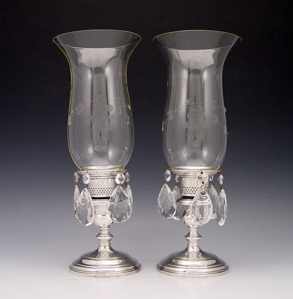 Appraisal: GORHAM STERLING CANDLESTICKS WITH ETCHED SHADES Gorham weighted sterling bases