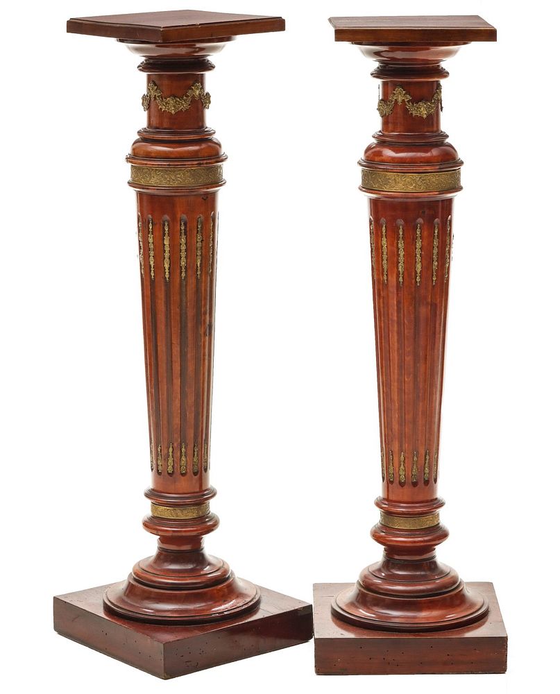 Appraisal: PAIR CIRCA FRUITWOOD PEDESTALS WITH ORMOLU The square top and