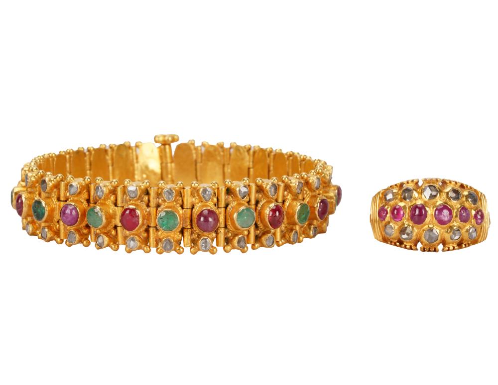 Appraisal: GROUP OF HIGH KARAT YELLOW GOLD MULTI-GEM JEWELRYthe bracelet containing