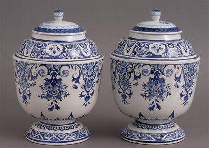 Appraisal: PAIR OF FAIENCE BLUE AND WHITE JARS AND ASSOCIATED COVERS