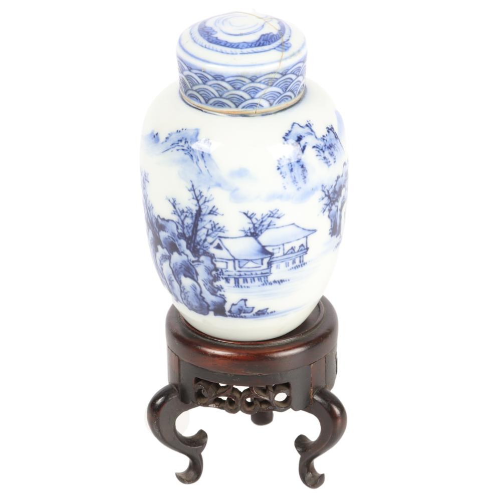 Appraisal: SMALL CHINESE PORCELAIN BLUE AND WHITE LANDSCAPE JAR WITH LID