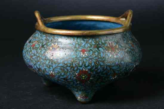 Appraisal: CHINESE CLOISONN ENAMEL TRIPOD CENSER Qianlong four character mark Bomb