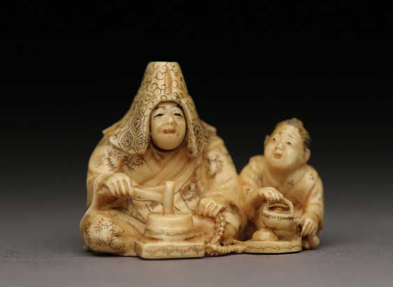 Appraisal: CARVED IVORY NETSUKE Well carved ivory netsuke of man with