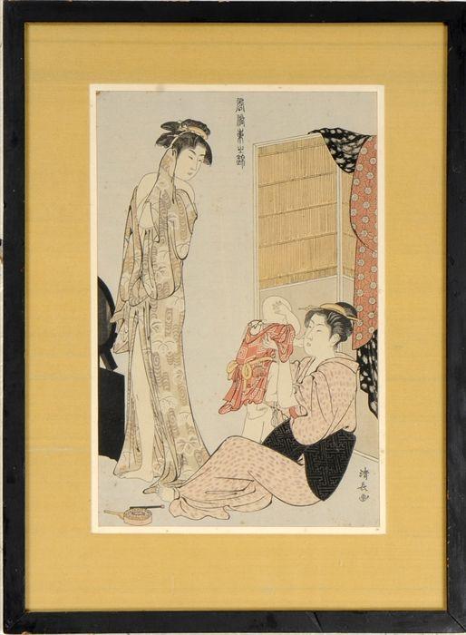 Appraisal: Japanese Woodblock Print Depicting interior with figures matted and framed