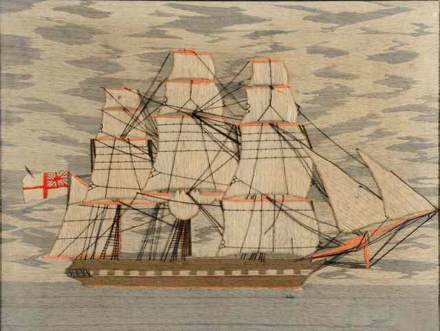 Appraisal: A VICTORIAN WOOL WORK SHIP PICTURE showing a three masted