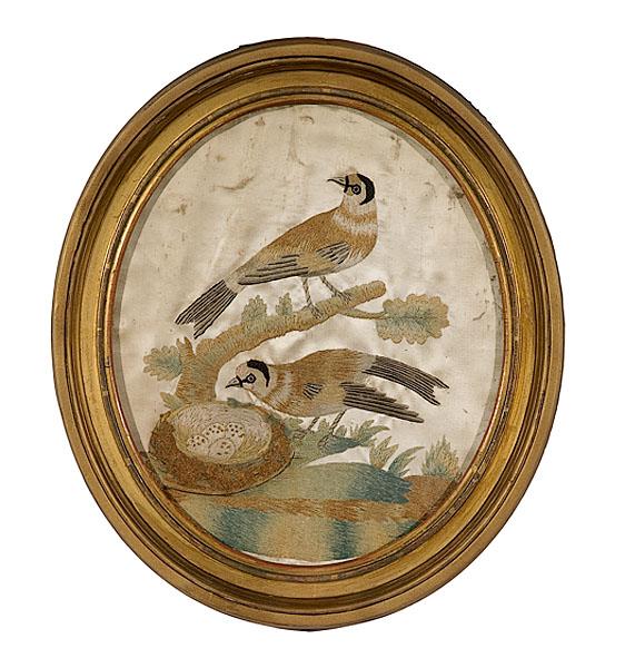 Appraisal: SILK NEEDLEWORK OF BIRDS British or American early th century