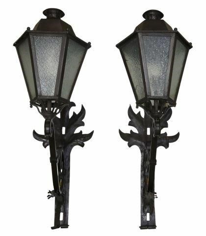 Appraisal: pair Large Gothic style one-light wall lanterns hexagonal iron frame