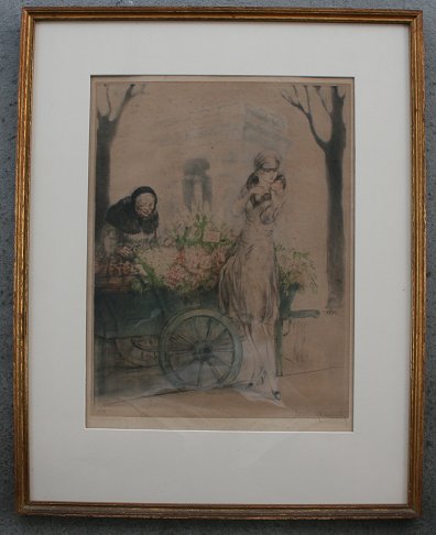 Appraisal: LOUIS ICART ETCHING ''FLOWER SELLER'' Sight size '' x ''