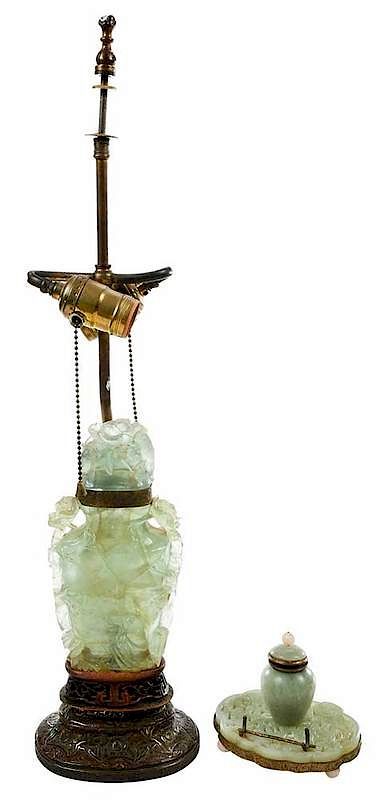 Appraisal: Carved Fluorite Lamp with Hardstone Ink Stand Chinese early to