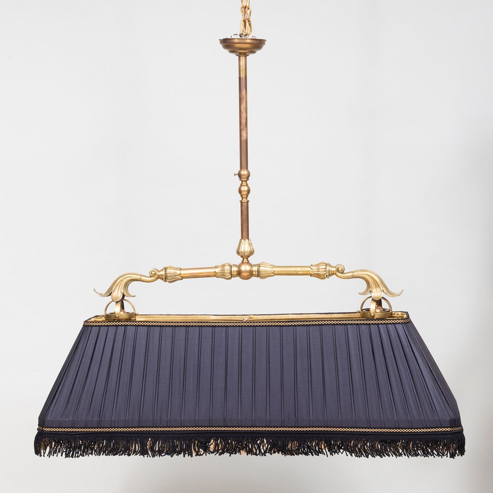 Appraisal: Regency Style Brass Two-Light Billiard Lamp Fitted with a pleated