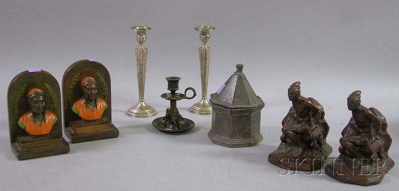 Appraisal: Eight Assorted Metal Decorative Items a lead humidor a pair