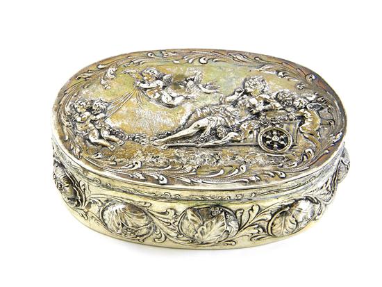 Appraisal: SILVER Repousse oval box with mythological scene at center goddess