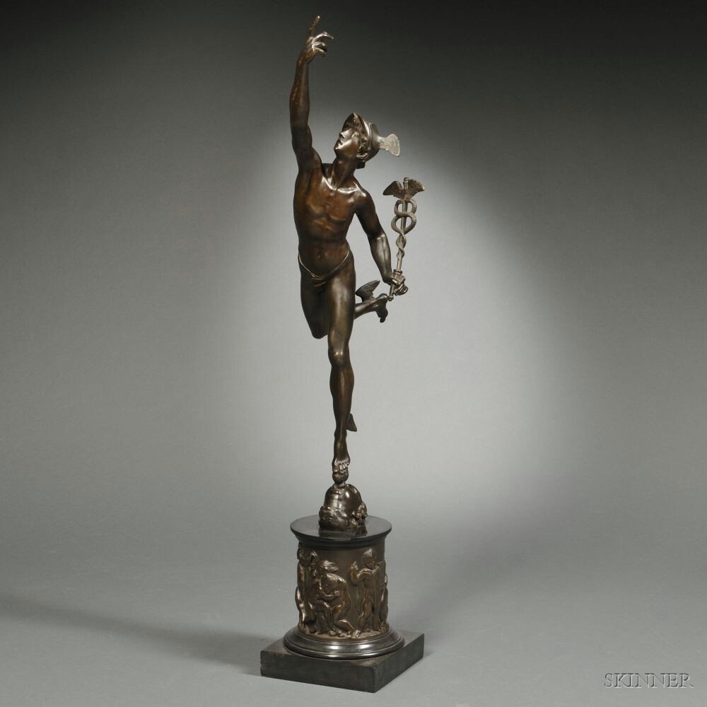 Appraisal: Bronze Model of Winged Mercury mounted atop a cylindrical plinth