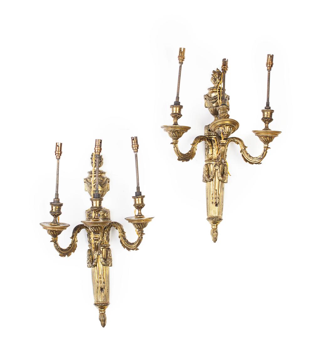 Appraisal: PAIR OF LOUIS XVI STYLE GILT BRONZE WALL LIGHTS TH