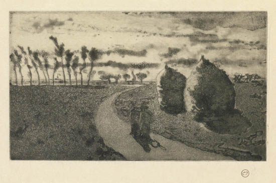 Appraisal: CAMILLE PISSARRO Cr puscule avec Meules Aquatint and etching on