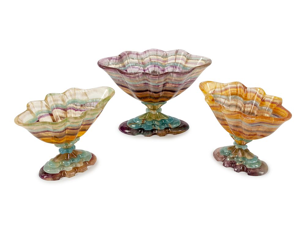 Appraisal: A Carved Agate Three-Piece Garniture A Carved Agate Three-Piece Garniture