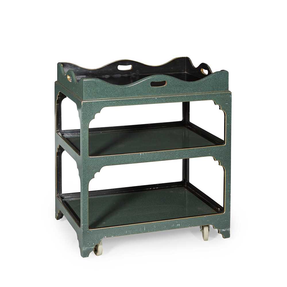 Appraisal: GREEN AND BLACK PAINTED DRINKS TROLLEY RAYNHAM WORKSHOPS MODERN the