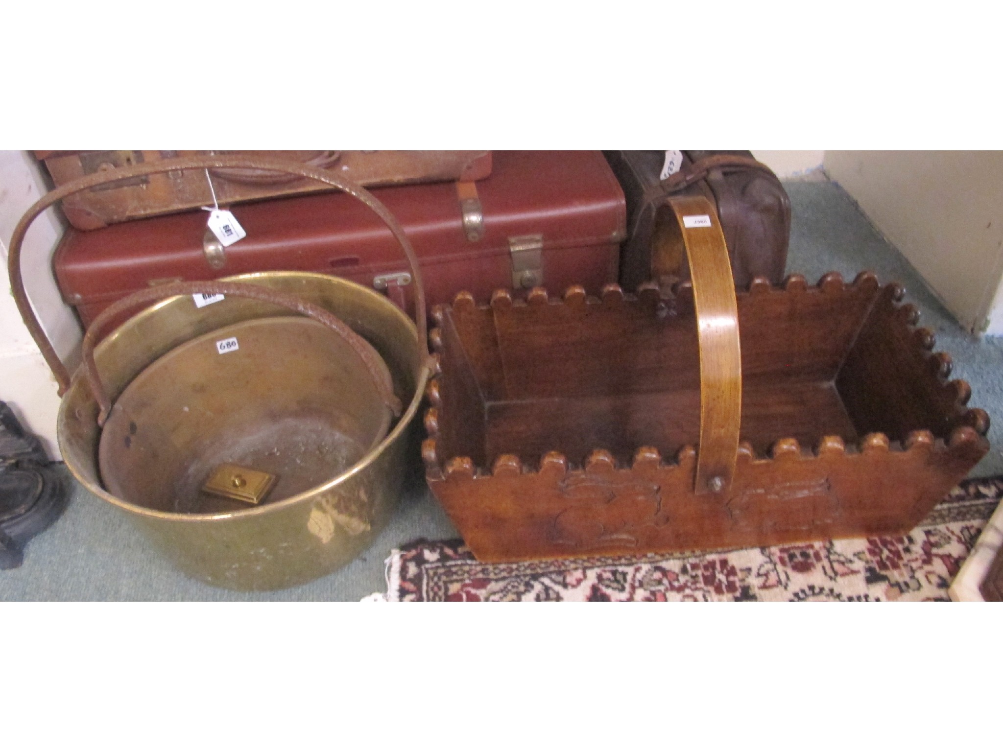 Appraisal: A pair of brass jelly pans and a mahogany fruit