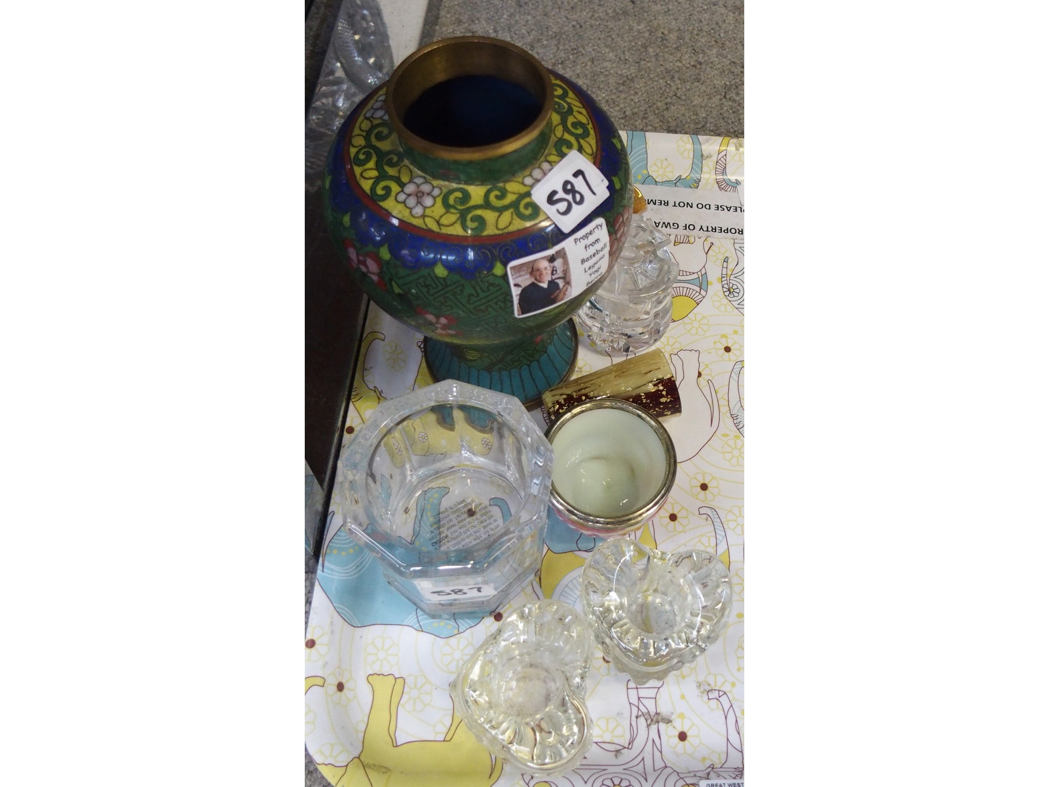 Appraisal: Tray comprising cloisonne vase and glass table articles