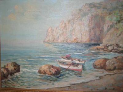 Appraisal: GREEK SCHOOL Coastal Scene with Boats coming Ashore indistinctly signed