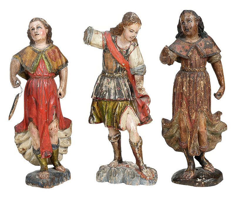 Appraisal: Three Carved and Polychromed Santos Figures Spanish Colonial probably th