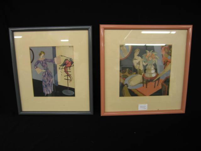 Appraisal: Pair of Edouard Halouse Deco Woodblock Prints lady with flowers