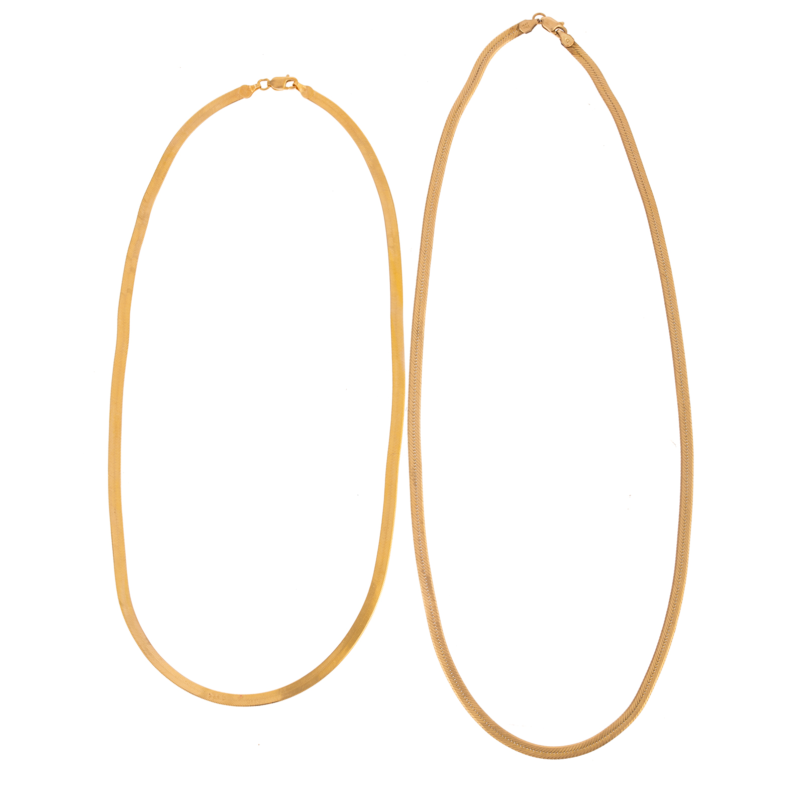 Appraisal: TWO K YELLOW GOLD HERRINGBONE CHAINS Two K yellow gold