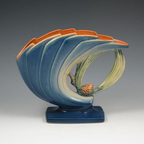 Appraisal: Roseville Pine Cone swept fan vase in blue Marked Roseville