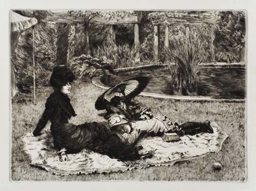 Appraisal: JAMES JACQUES TISSOT Sur l'Herbe Etching and drypoint on cream