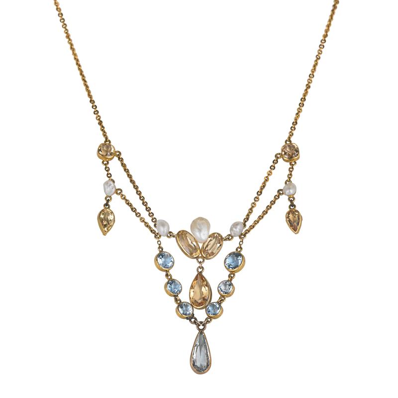 Appraisal: ART NOUVEAU AQUAMARINE CITRINE FESTOON NECKLACE Cushion cut citrines suspend